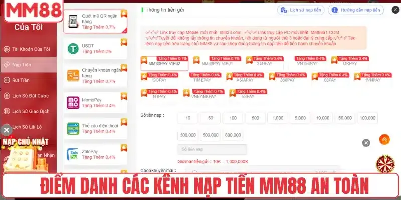 Giao diện nạp tiền MM88 hiện đại và đa dạng phương thức